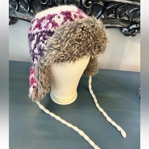 American Eagle Outfitters Pink & Purple Knit Faux Fur Trapper Hat Warm One Sz